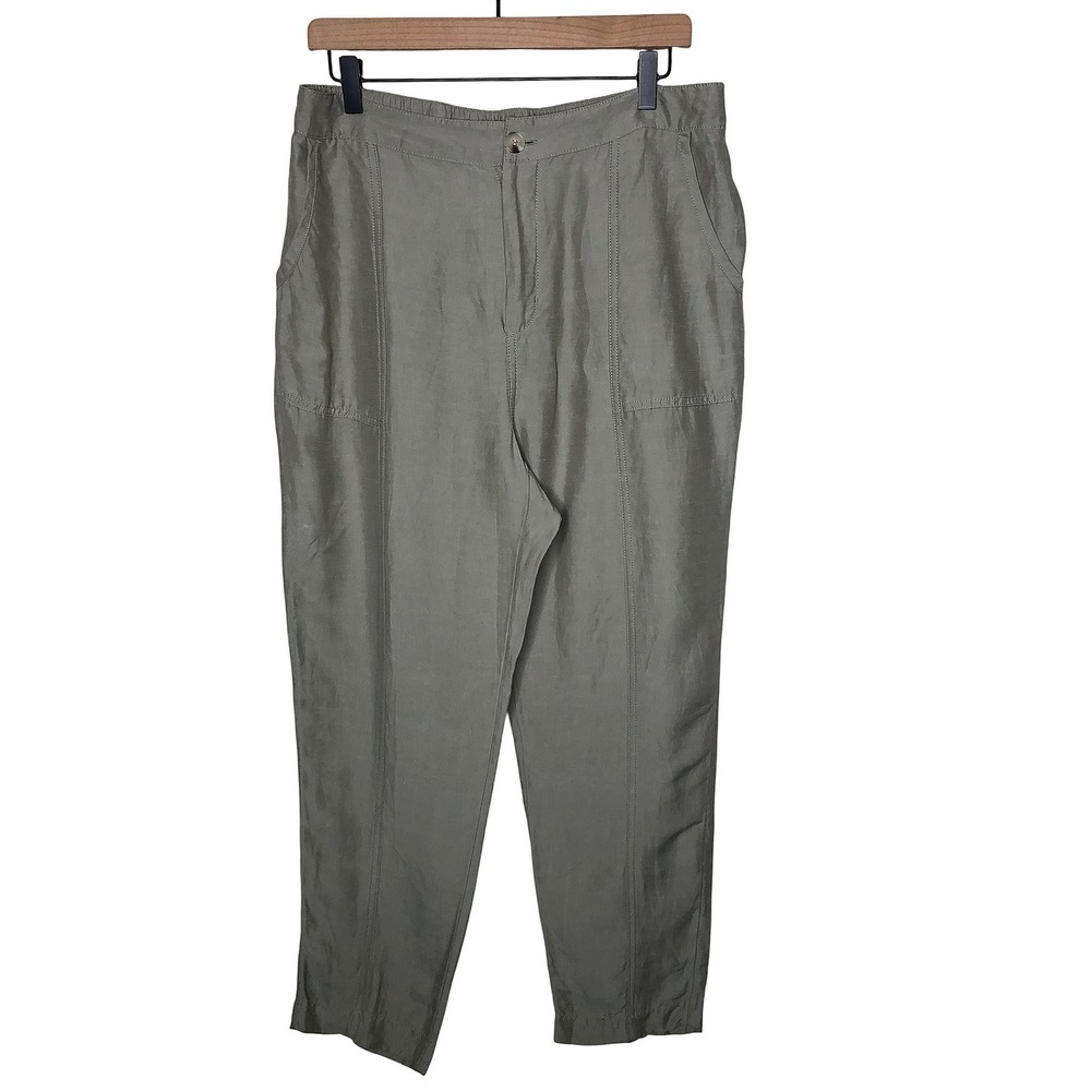 H By Halston Linen Blend Pants‎ Khaki Olive Green Elastic Waist Large Travel